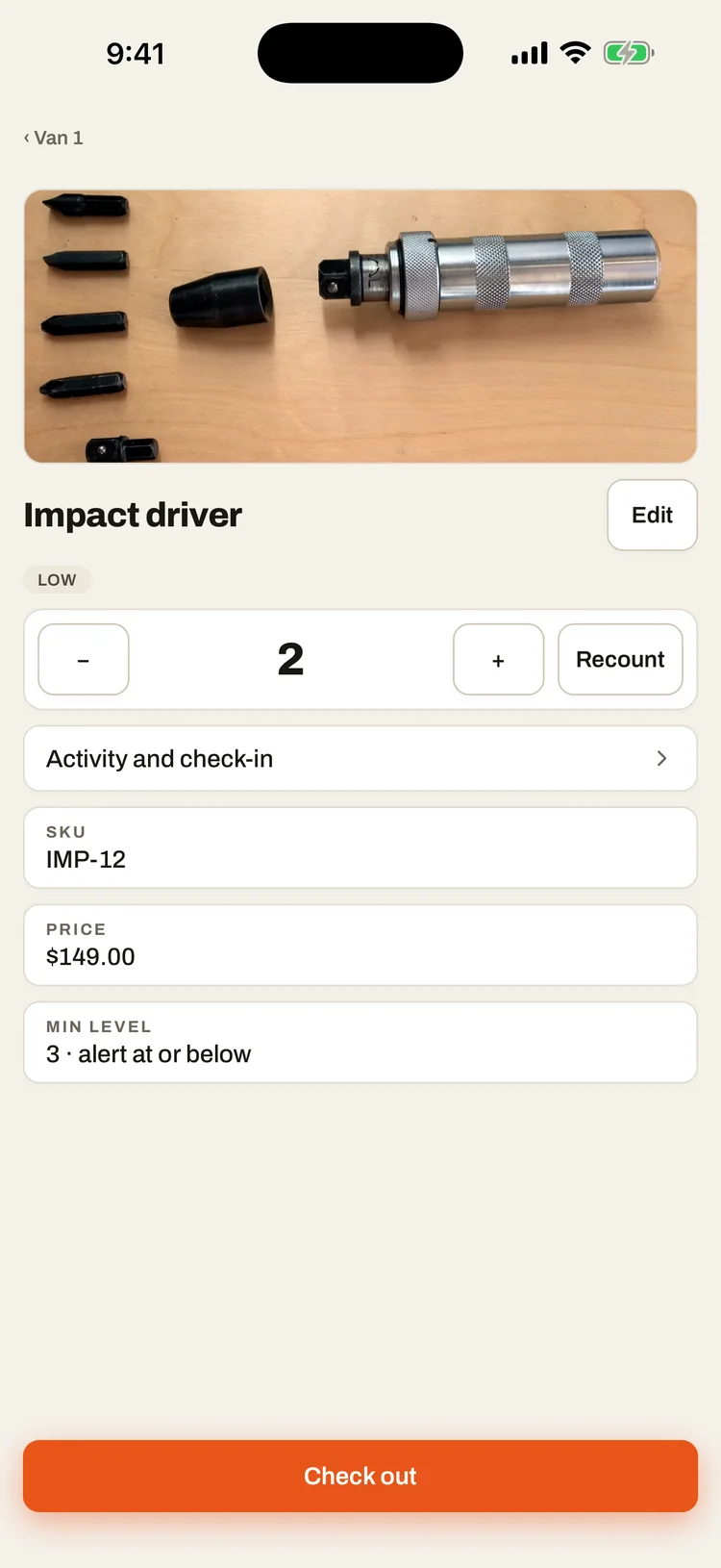 An item on a phone: a photo of an impact driver above its count and its minimum level.